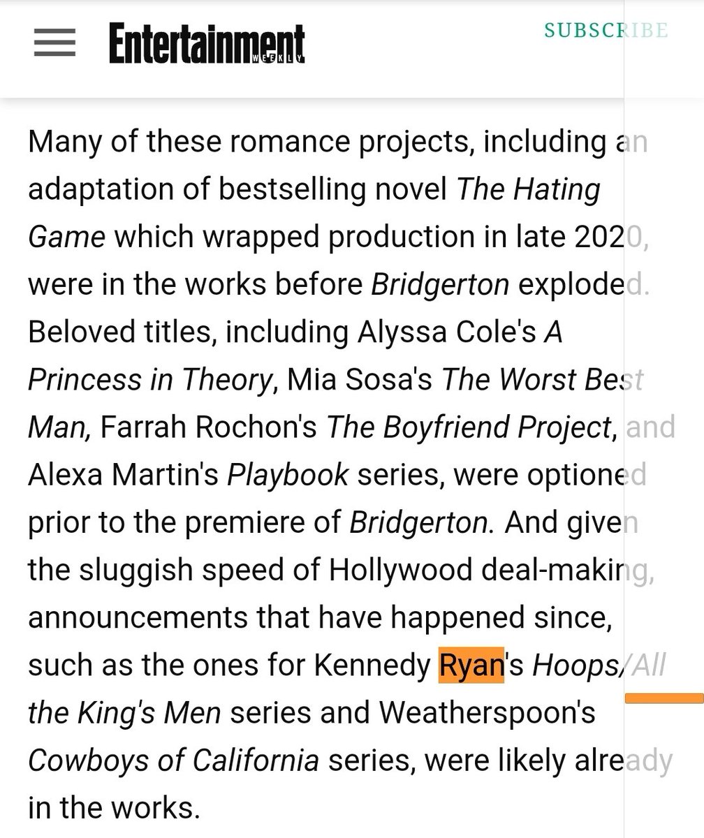 EW shouted out <a href="/kennedyrwrites/">Kennedy Ryan</a> @FilmsTides <a href="/theTPSC/">TPSC</a> in article,  realizing we had been making this deal way before Bridgerton. 😊🎉#RisingTides #KennedyRyan #TPSC