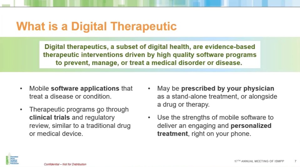 BethWhann's tweet photo. Now learning about prescription digital therapeutics (PDTs) in one of the #ISMPP17AM on demand sessions https://t.co/b5GQWqNu4A