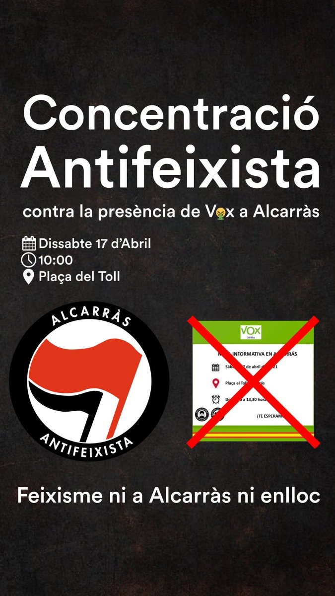 📢Ens fem ressò d'aquest convocatòria📢 Nosaltres ens hi adherim. Dissabte al matí serem a la plaça de toll per no cedir ni un mil·límetre del nostre poble al feixisme. Us hi esperem!