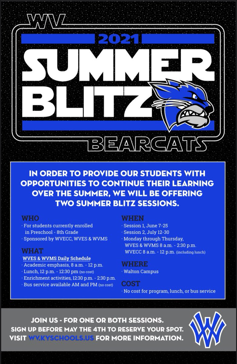 Hey Bearcats! Interested in an opportunity to continue learning this summer? Join us for our Summer Blitz! See information below.