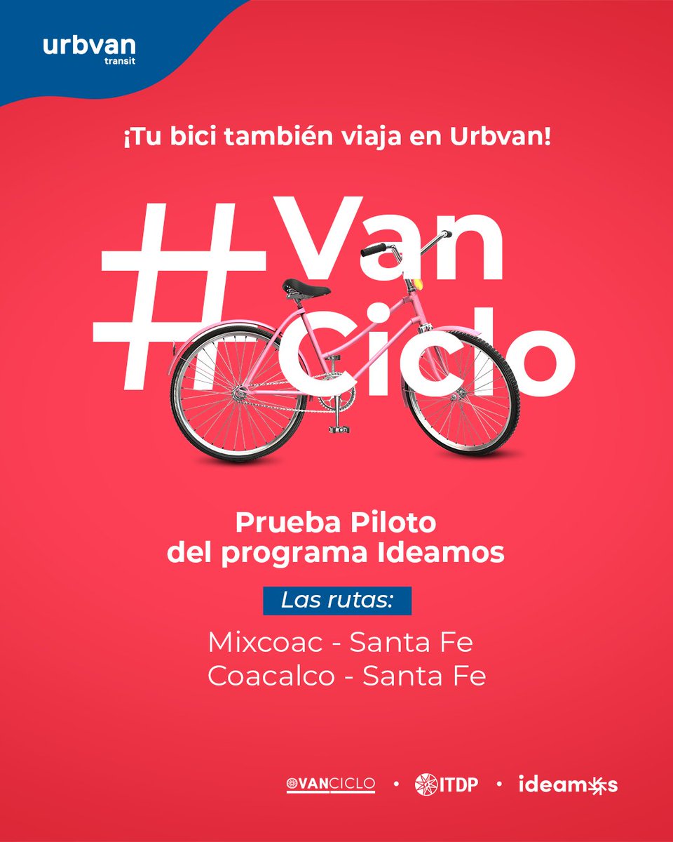 Te presentamos #VanCiclo 🚐 + 🚲

Una nueva herramienta para la movilidad sustentable e incluyente, desarrollada de la mano de #ideamos, un proyecto del <a href="/ITDPmx/">ITDP México</a> 

Nuestra meta es que los usuarios de #Urbvan realicen el primer y último tramo de sus viajes en bicicleta.