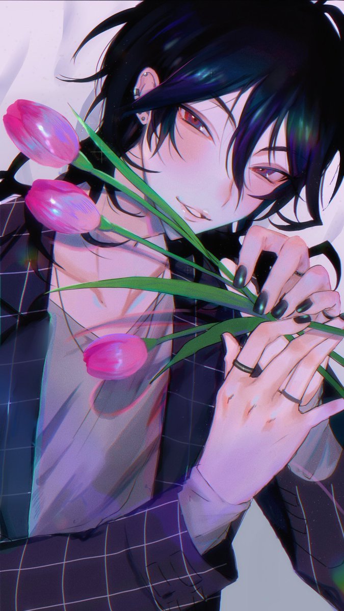 male focus 1boy flower solo black hair jewelry ring  illustration images