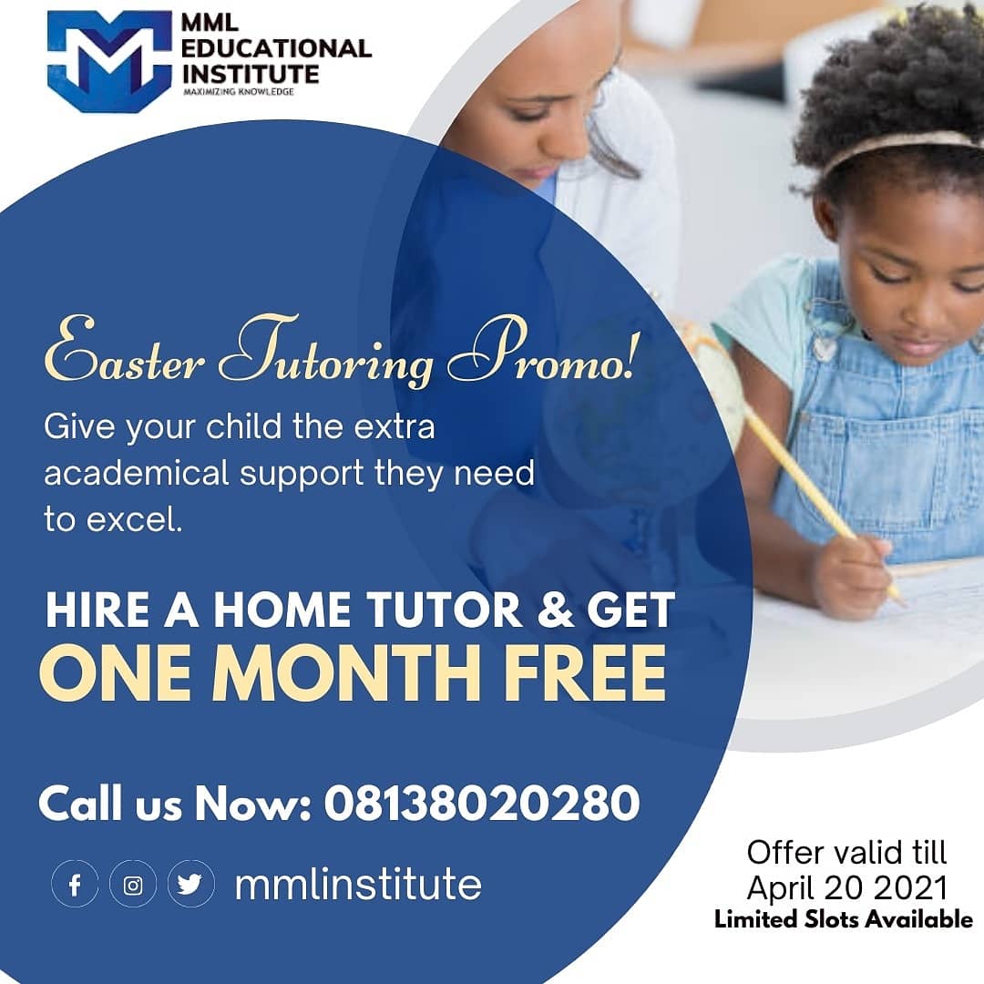 MMLInstitute20's tweet photo. Our one month free tutoring promo is still on and it is valid until April 20th, 2021.
That is, if you subscribe for a tutor from now till 20th April, you have one month extra free service JUST LIKE THAT! 😀

#education #jamb #hometutor #desmondelliot https://t.co/migrEdZHit