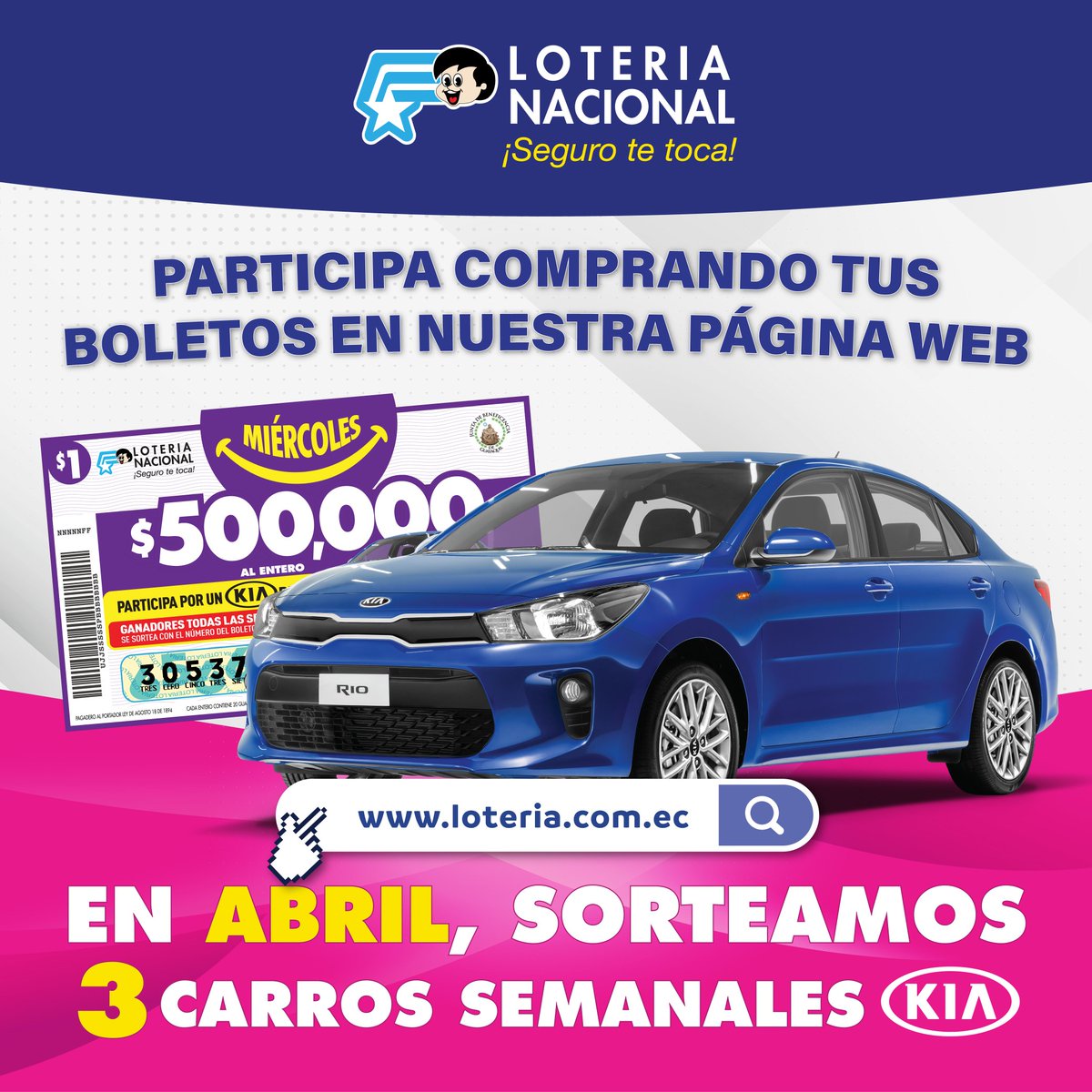 LoteriaNacJBG's tweet photo. 📢¡Gana uno de los 3 carros Kia semanales que sortea Lotería en todo abril! ! Los lunes y viernes puedes ganar un KIA SOLUTO y los miércoles un KIA RIO🥳
👉Participa con el número y fracción de tu guachito.#LoteriaNacional #Kia #Rio #Gana #Guachito #Sorteo #abril https://t.co/zN2sDYHDtX