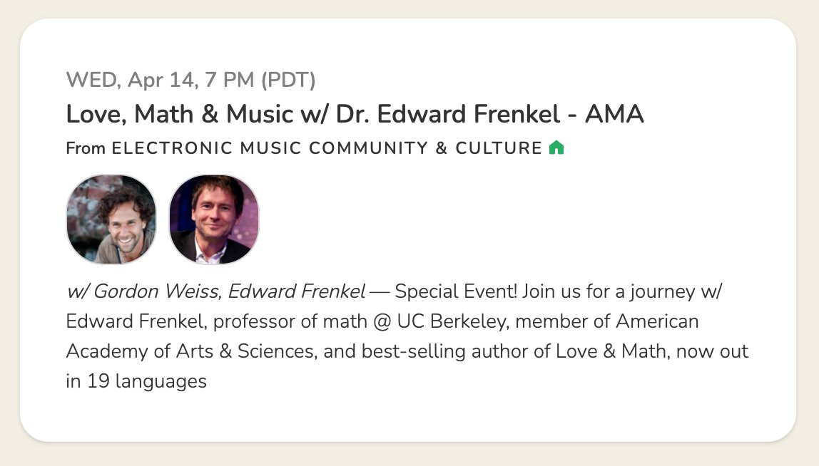 Love Math &amp; Music
and everything in-between!
Super-excited about my conversation with <a href="/Gordon_Weiss/">Gordon Weiss</a> tonight @ 7 PM California time at @joinClubhouse 
Electronic Music Community &amp; Culture = EMC²
bit.ly/3g85yHl
#clubhouse #love #math #music