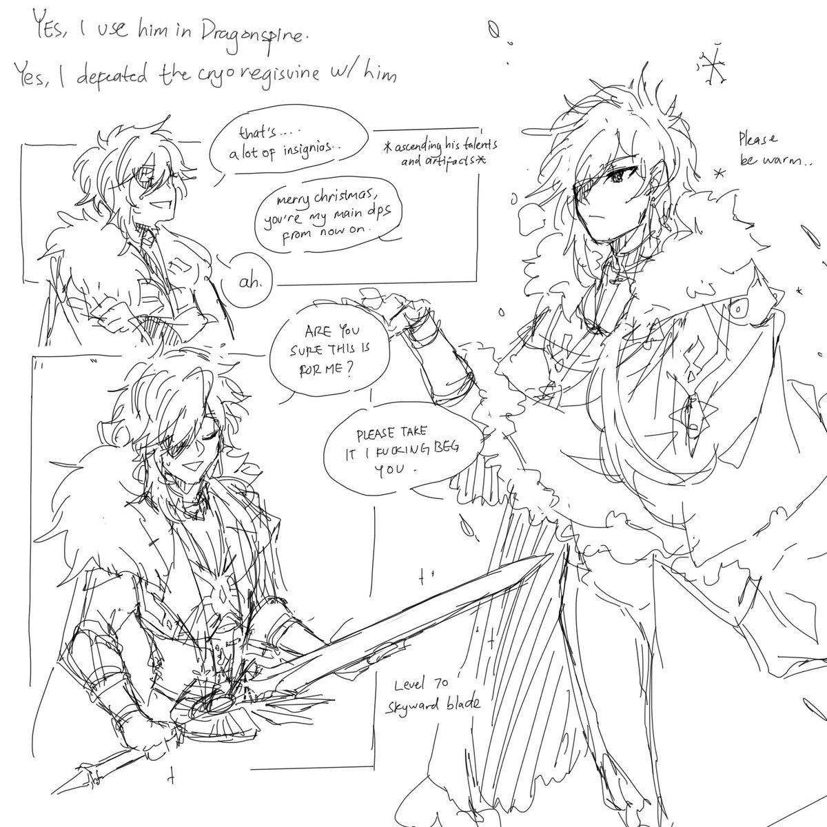 Super old scribbles I didn't post! The first one is when I decided to use Kaeya as my main dps (he use prototype rancour now tho since it has physical damage bonus). It gets a lil darker 