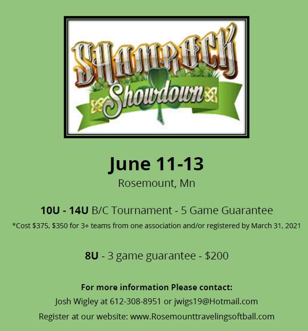 Only a few spots left at the 12U level for the Rosemount Shamrock Showdown tournament. All other age groups are full! Register your 12U team with the following link: tourneymachine.com/.../h202102100…...