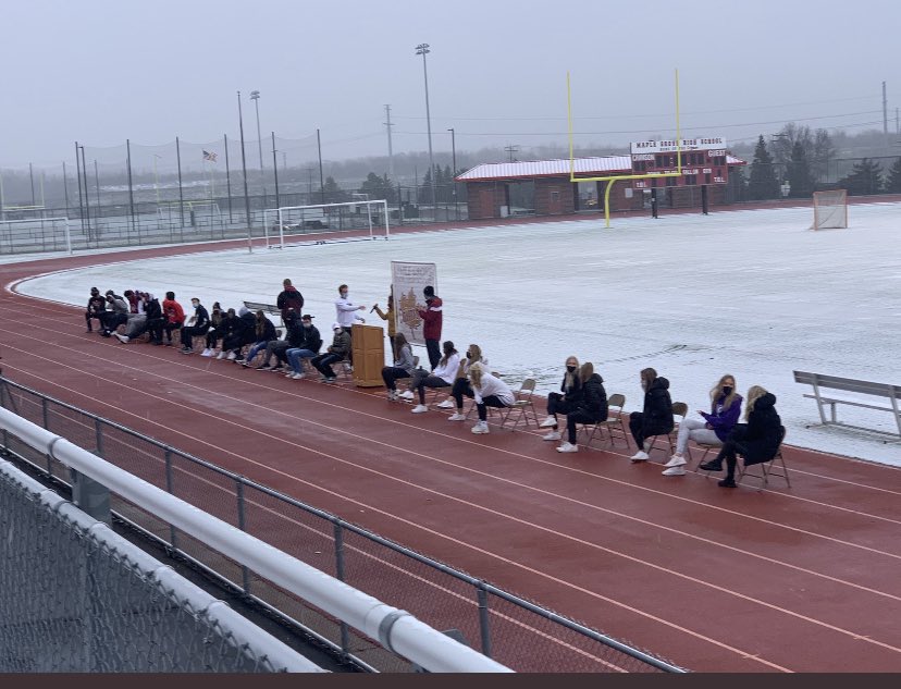 LomboTonka's tweet photo. Congrats to all of the Crimson that celebrated today their colleges they all will be competing at next year! With all you battled to get there, it’s fitting we celebrated in the snow! #crimsonpride #playoffweather #bestyettocome https://t.co/pMgKLBgFlr