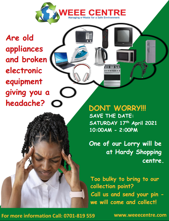 TheWEEECentre's tweet photo. Dear Karen Hardy resident!
We are doing an E-waste Drive in your area:
Sat April 17th
10.00 am-02.00 pm
Our lorry will be near Hardy Shopping Center and we will also have a pick-up-vehicle, to be able to assist with bulky e-waste.
For logistic please call/text 0701-819 559 https://t.co/cEKcmaE4Hv