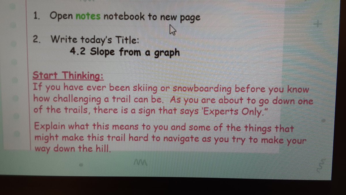 FTS_MathScience's tweet image. Ms. Lay&apos;s math classes are discussing hitting the ski slopes as they investigate the slope of a line. Math is everywhere! #mathstatmonth #FTS4rKIDS @DDEGambino @DDE_MsLay