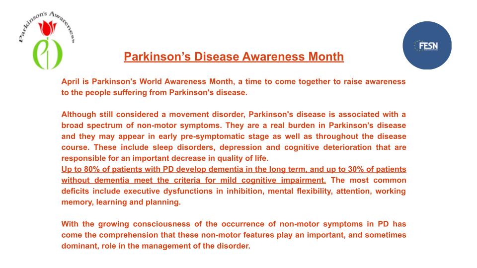 SLC-FESN celebrates World Parkinson's Awareness Month and invites you to join us in raising public awareness and increasing understanding of Parkinson’s disease.