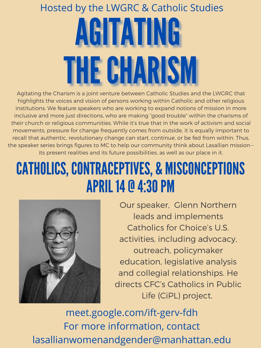Manhattan College LWGRC (@mc_lwgrc) on Twitter photo TODAY IS THE DAY! Tune in at 4:30 for another edition of Agitating the Charism with Glenn Northern this Wednesday titled Catholics, Contraceptives, & Misconceptions. Check out the Google Meet info in our linktree!
<a href="/mc_rels/">Manhattan College Religion Matters</a> <a href="/MC_CMSA/">CMSA</a> <a href="/ManhattanEdu/">Manhattan University</a> <a href="/MC_Mission/">MC Office of Mission</a> TODAY IS THE DAY! Tune in at 4:30 for another edition of Agitating the Charism with Glenn Northern this Wednesday titled Catholics, Contraceptives, & Misconceptions. Check out the Google Meet info in our linktree!
<a href="/mc_rels/">Manhattan College Religion Matters</a> <a href="/MC_CMSA/">CMSA</a> <a href="/ManhattanEdu/">Manhattan University</a> <a href="/MC_Mission/">MC Office of Mission</a>
