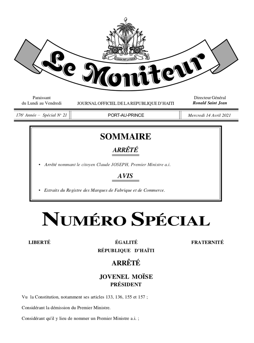Stanleylucas01's tweet photo. Suite à la démission du Premier Ministre #JosephJouthe le citoyen #ClaudeJoseph est nommé Premier Ministre a.i. de la république d’#Haïti https://t.co/UbnppDUnp0