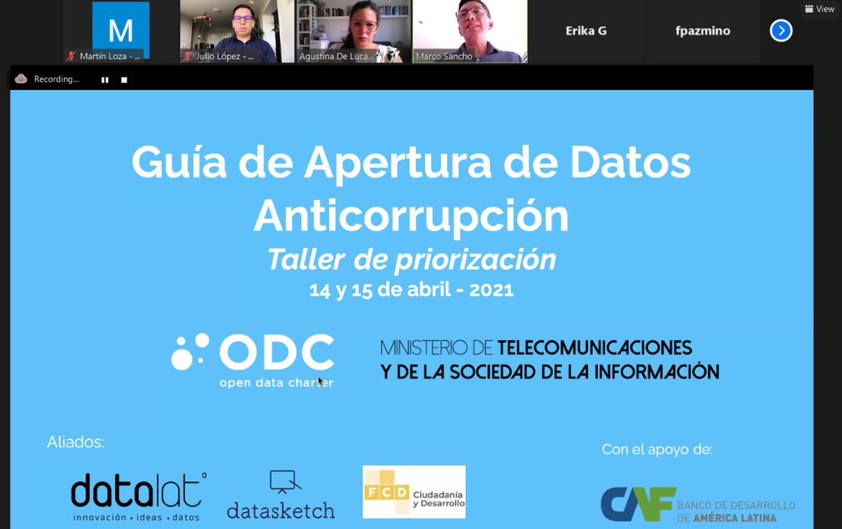 Hoy y mañana estaremos en el taller de priorización de la guía de apertura de #DatosAbiertos para luchar contra la #corrupcion en #Ecuador liderado por <a href="/Telecom_Ec/">Ministerio de Telecomunicaciones Ecuador 🇪🇨</a> <a href="/opendatacharter/">Open Data Charter</a> con <a href="/datalat/">Datalat</a> <a href="/FCD_Ecuador/">Ciudadanía y Desarrollo</a> <a href="/datasketch/">Datasketch</a> 🇪🇨📊