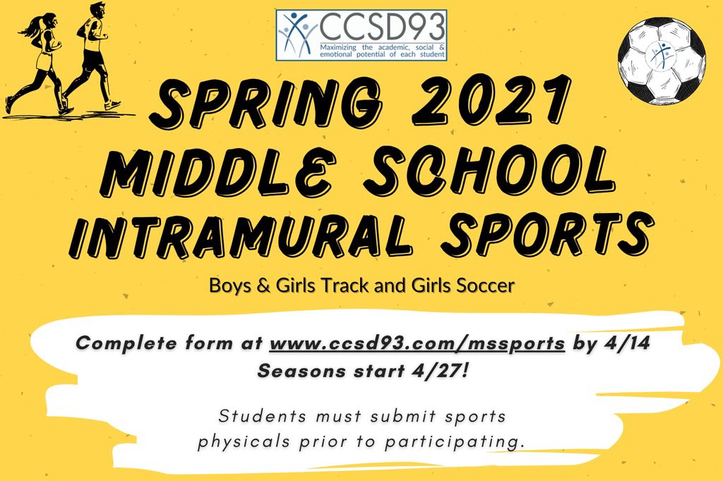 Join us for Intramural Track &amp; Field and 7th/8th Girls Soccer! Visit CCSD93.com/mssports for more info!