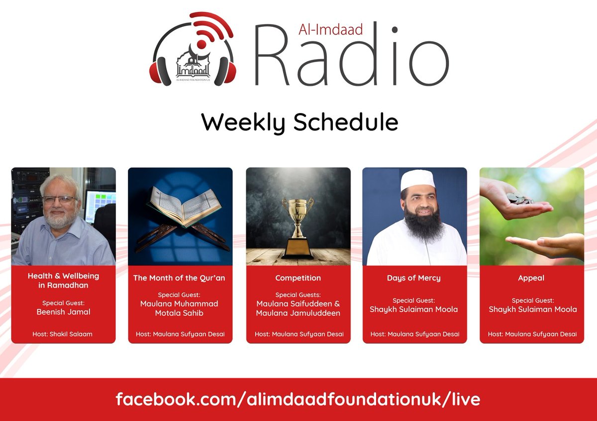 Alimdaad_UK's tweet photo. This Weeks Radio Schedule
Watch LIVE on Facebook  @5pm Daily this Ramadan

Listen LIVE at  https://t.co/oGyoLO6AUa

JazakAllah Khayr
Al-Imdaad Radio https://t.co/tXnGLHJawC