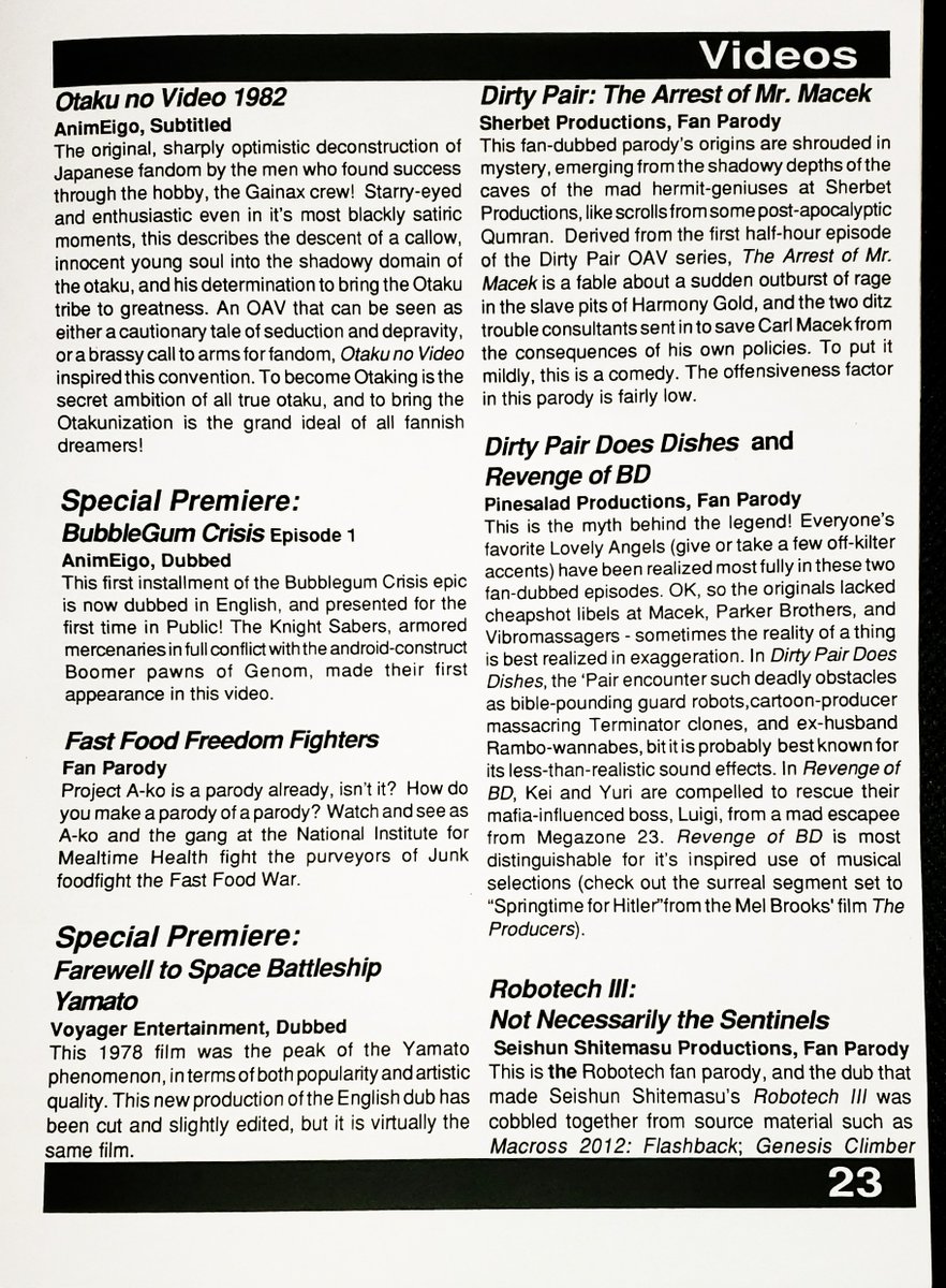 The_Angry_Otaku's tweet photo. #Otakon94 continues:
How did Otaku of the 90's describe what they were watching? See for yourself.
The answer to "what's nine plus ten" is Devil Hunter Yoko (notice no #ADVision logo, or even a mention).
#Fandubs make appearances.
#anime #otakon #animeconvention #fandom #manga https://t.co/LfiuzvBz08