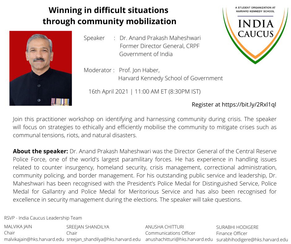 CaucusIndia's tweet photo. We invite you to a practitioner workshop with @DrAPMaheshwari, #IPS former DG @crpfindia on winning in difficult times through #community mobilization and learn about #counterinsurgency, #homelandsecurity, #bordermanagement etc.  Registration: https://t.co/8PUWFmtvyb https://t.co/Wc4KO2xILj