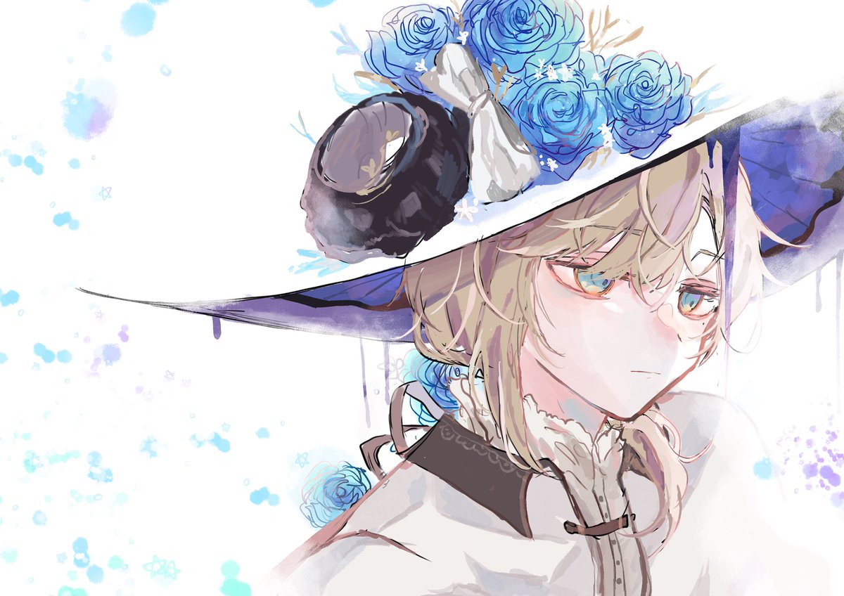 hat 1boy solo male focus blue flower flower rose  illustration images