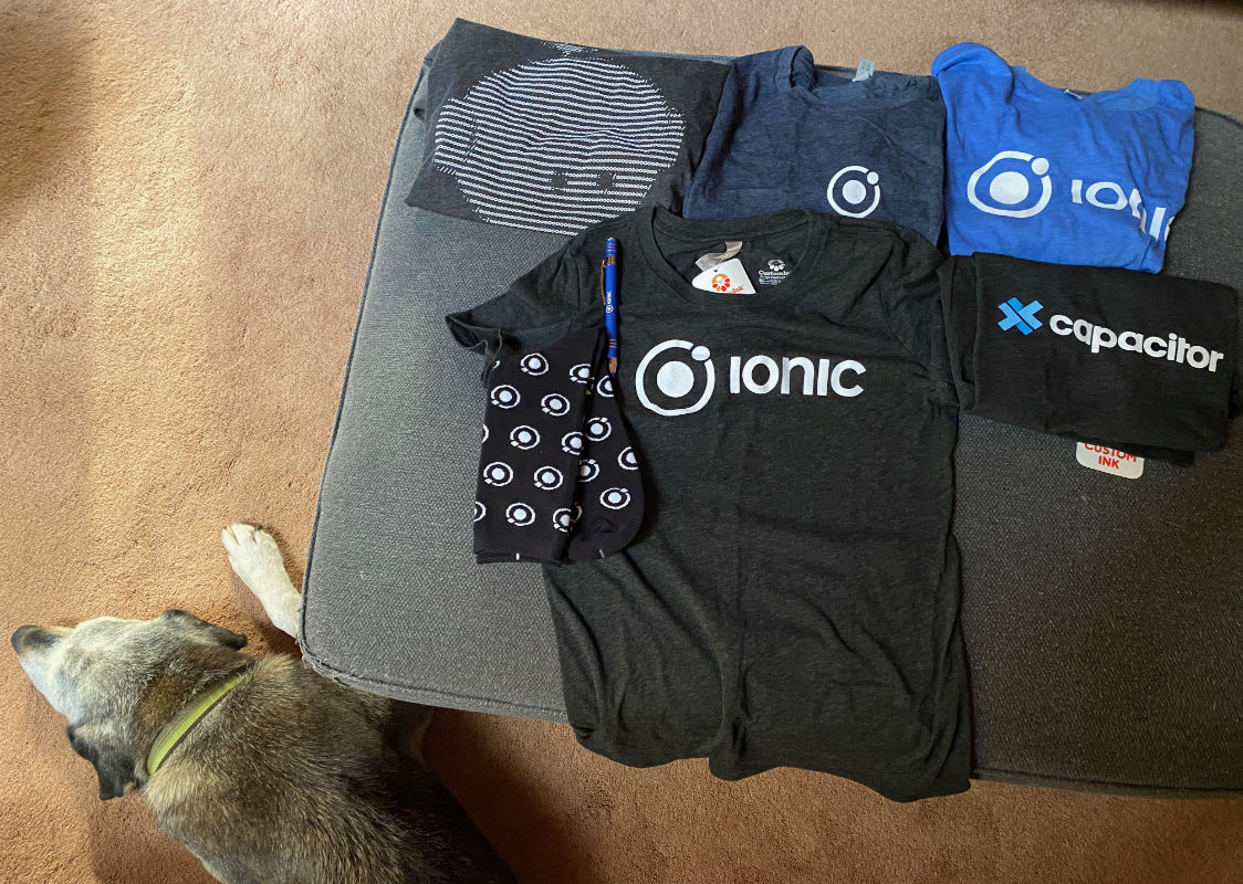 KimMaida's tweet image. I started my new position as VP of Developer Relations at Ionic this Monday, focusing on @Ionicframework and @capacitorjs. And I received surprises in the mail: many thanks to Ionic and @jeffbcross, @victorsavkin, @KarolPrzybytek for the amazing wardrobe updates!