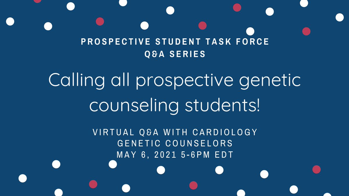 We know it has been more difficult to get shadowing experience this year. The Prospective Student Task Force is hosting a virtual Q&amp;A session with a panel of cardiology genetic counselors May 6, 2021 5-6PM EDT.

Link to sign up: forms.gle/Zs7qwTsY3wbJSD…
