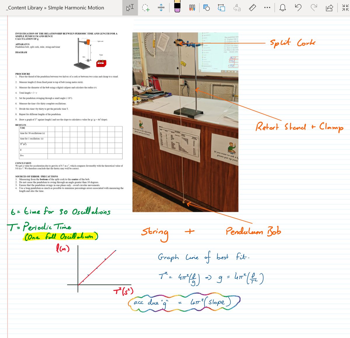 Investigating the relationship between periodic time and length of a simple pendulum today with 5th year Physics, and using the graph to calculate acc due to gravity. #Onenote  and @surface being used all along the way! #cbsthegreen #LCphysics  @eustace_stephen @gaughranian