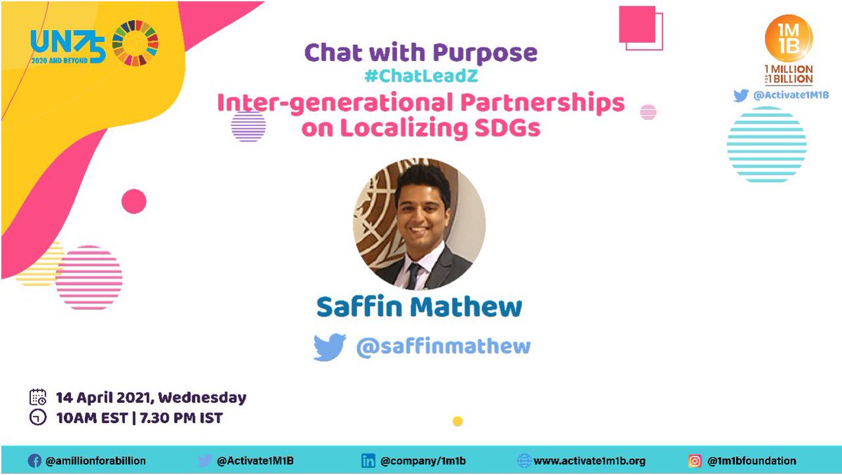 Activate1M1B's tweet photo. ✅Intergenerational Chat with Purpose Series✅

 @Activate1M1B #ChatLeadZ on Intergenerational Partnerships on Localizing #SDGs 

Welcome your host @saffinmathew Programme Director @Activate1M1B 
Youth Representative @theYouthReps at UNHQ @UNDGC_CSO @AdamRogers2030 @unngls https://t.co/omUQ6CCmeT