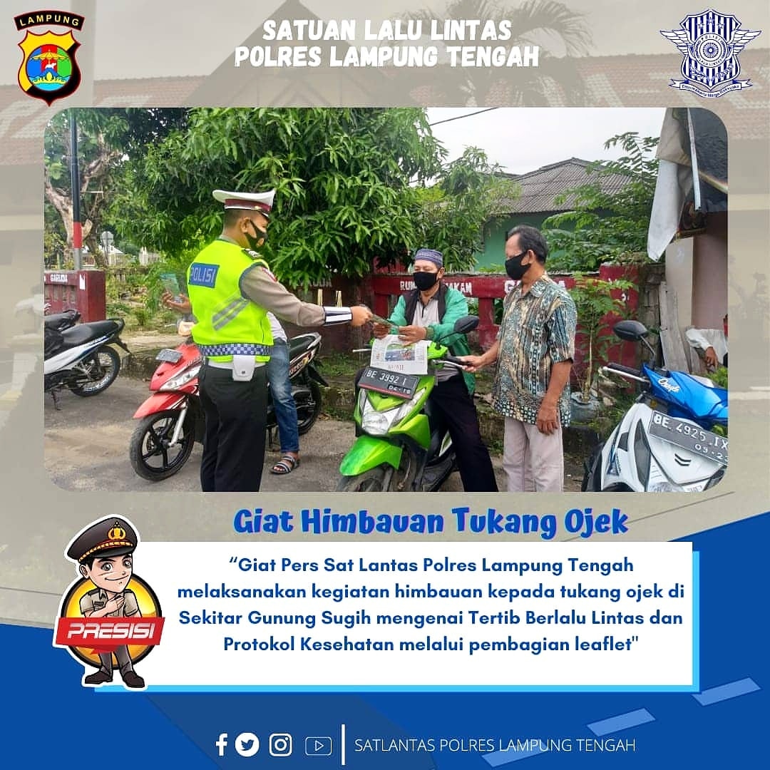 rumbia_polsek's tweet photo. Giat Pers Sat Lantas Polres Lampung Tengah melaksanakan kegiatan himbauan kepada tukang ojek di Sekitar Gunung Sugih mengenai Tertib Berlalu Lintas dan Protokol Kesehatan melalui pembagian leaflet

@satlantas_lamteng
#ProgramKeselamatan2020
#humasreslamteng #polreslampungtengah https://t.co/iR4qPZREpY
