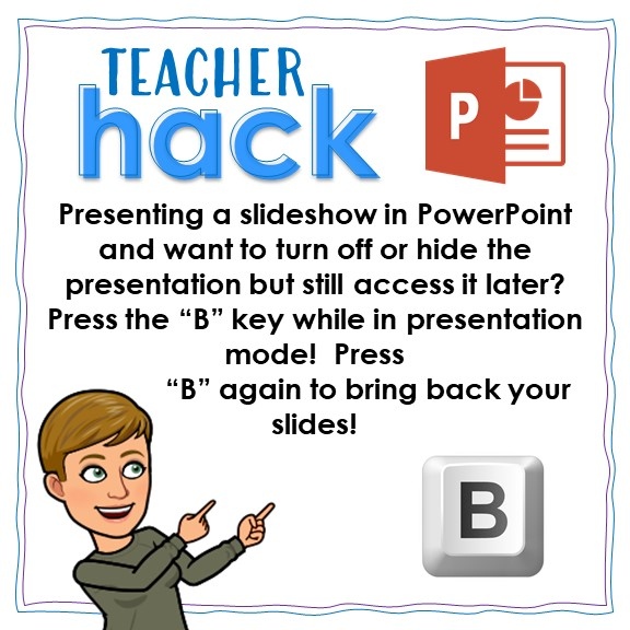 MrsCoachChase's tweet image. Similar to my last post, pressing the B key will turn your screen black and allow your students to pause and engage in class discussion without the visual stimulus of whatever is on your board.  ⁠
⁠
#microsoft #microsofthack #teacherhack
