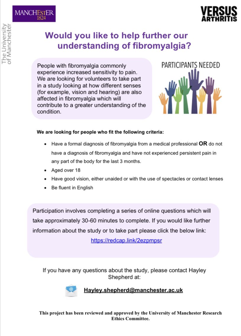 We are looking for people with and without #Fibromyalgia to take part in the below survey. Please complete and share! redcap.link/2ezpmpsr