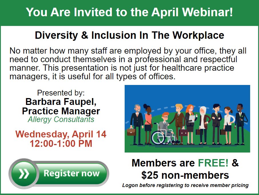 📢 LAST CALL! 📢

TODAY is the April #Webinar on "Diversity &amp; Inclusion In The Workplace", presented by #Practice #Manager Barbara Faupel.  This is a session you don't want to miss! 

Join us over lunch break from 12-1pm by registering now at mgmastl.org/event/April202…
