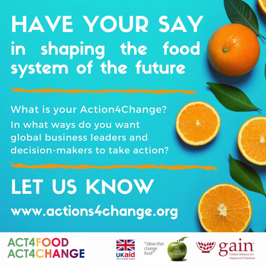 Food Foundation and <a href="/GAINalliance/">GAIN</a> are supporting youth leaders &amp; activists globally to create #Actions4Change -policy asks for businesses and governments to create a better food system.

What should be included?

📣HAVE YOUR SAY👉actionsforchange.org

#Act4Food #Act4Change