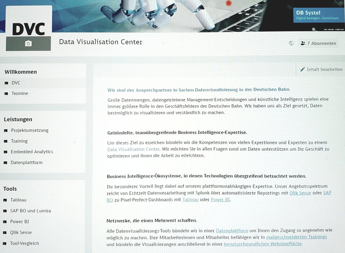 Um Tool-Silos zu vermeiden, haben wir das "Data Visualisation Center"  aufgesetzt - eine Community der @dbsystel mit einem ganzheitlichen Fokus auf Datenvisualisierung, Self-Service BI und Dashboarding. Abonniert uns gerne auf DB Planet. @ZeroOneData_DB #wirliebendaten
