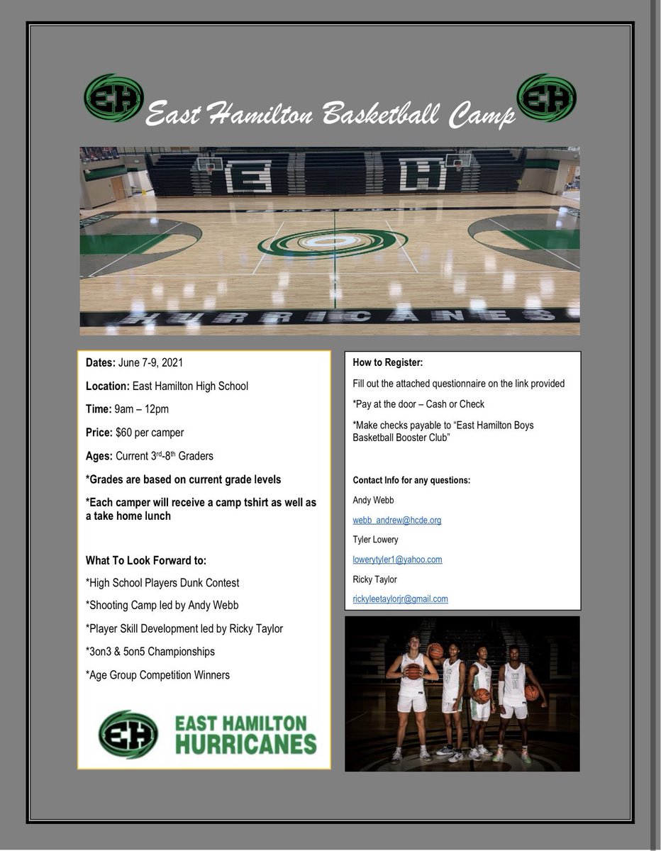 East Hamilton Youth Basketball Camp
Dates: June 7-9, 2021
Time: 9am-12pm

To register, please select a ticket and fill out info on the link below. Payment will be made at the door by Cash or Check.

Let’s go Canes!!!

eventbrite.com/e/east-hamilto…