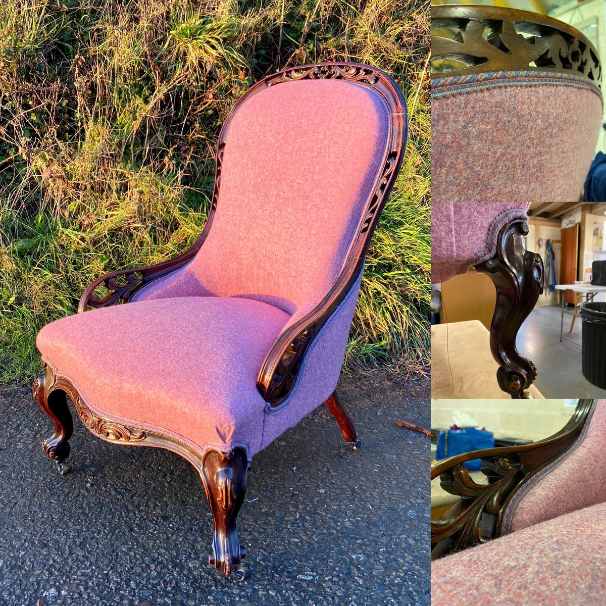 Laura’s stage 2 nursing chair is brilliant! What a great upholstery job and what a fabulous antique, restored to it’s former glory @THE_AMUSF upholsterycourses.com @AbrahamMoonSons wool looking very cosy in the setting sun. #visitwales #traditionalupholstery