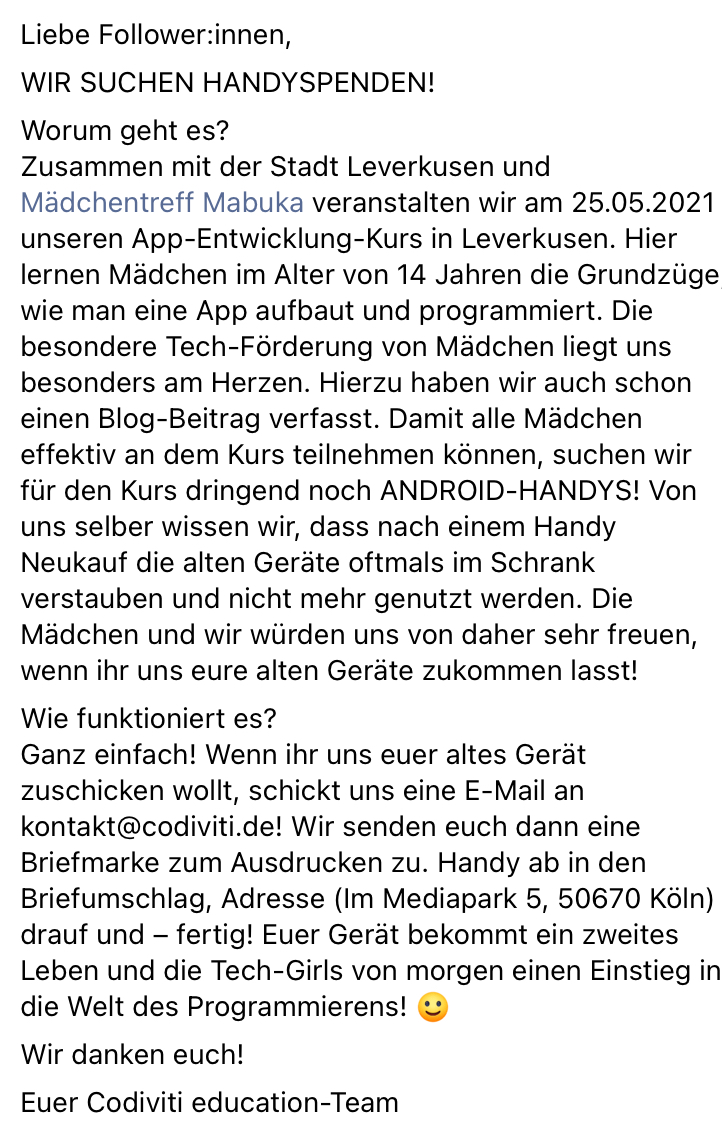 WIR SUCHEN HANDYSPENDEN!
#Spenden #Leverkusen #MädchentreffMaBuKa #BildungsbüroLeverkusen #codiviti #girls #coding