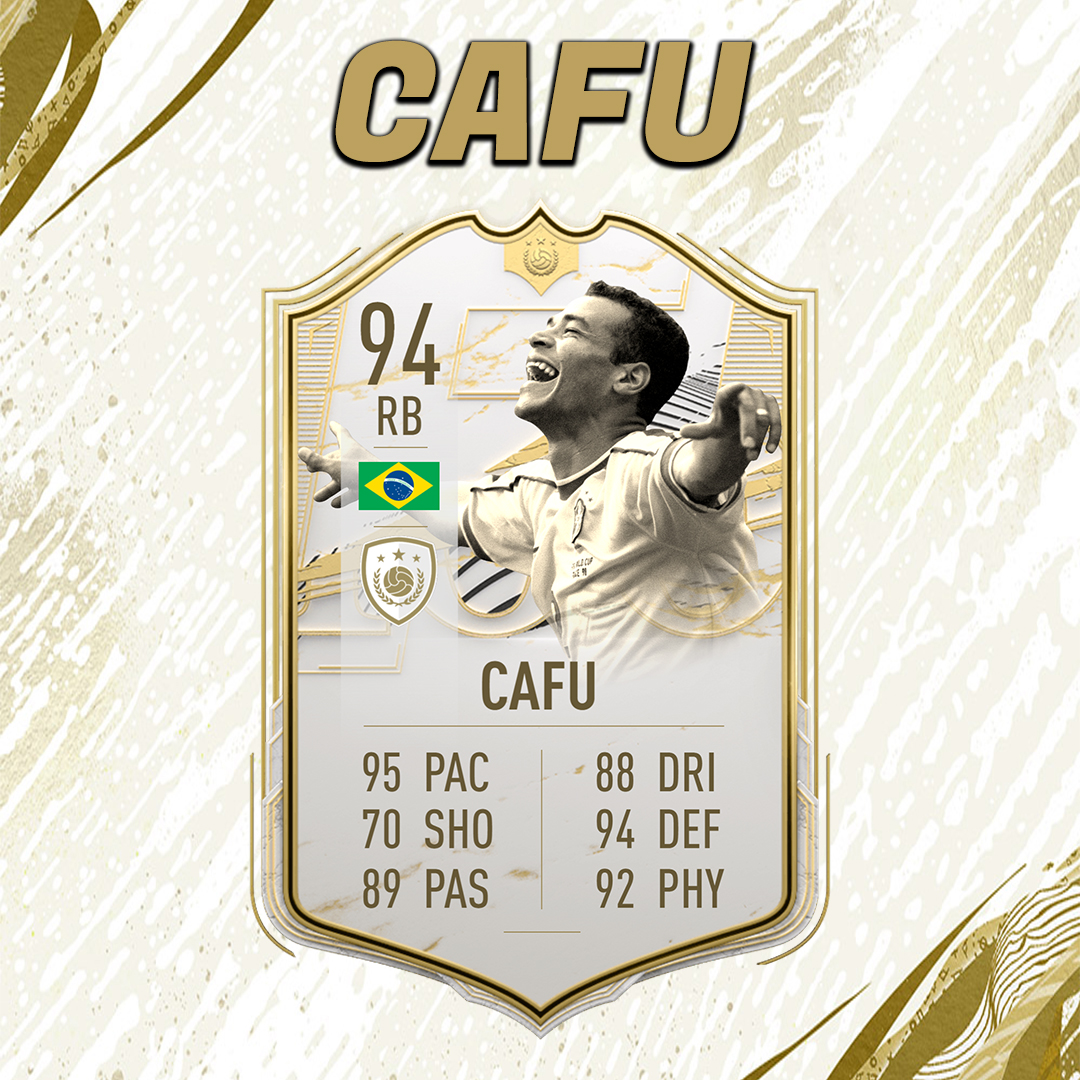 PnTFUT's tweet photo. FIFA 22 #ICONWISHLIST Day 7 - Cafu! Honestly do I even have to say alot? With 142 appearances for the Brazil national team, he is the most internationally capped Brazilian player of all time. Absolute beast and would bring more of a variety for that RB spot! #FIFA21 #FUT21 https://t.co/ZkLtsacPts