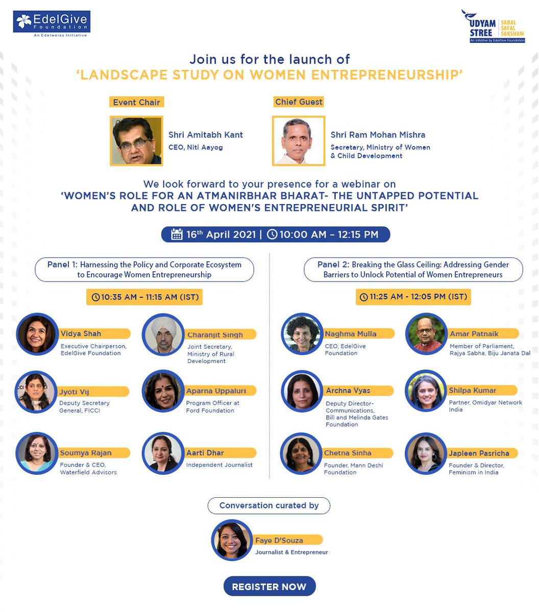 VidyaRShah's tweet photo. Join experts across government, corporate, media and civil society at the launch of @EdelGive's Landscape Study on #WomenEntrepreneurship as they deliberate on solutions to their challenges &amp; more! Register here: https://t.co/nOphPAjKlv 
@UdyamStree @NITIAayog @MinistryWCD https://t.co/8QyNxTWdW2