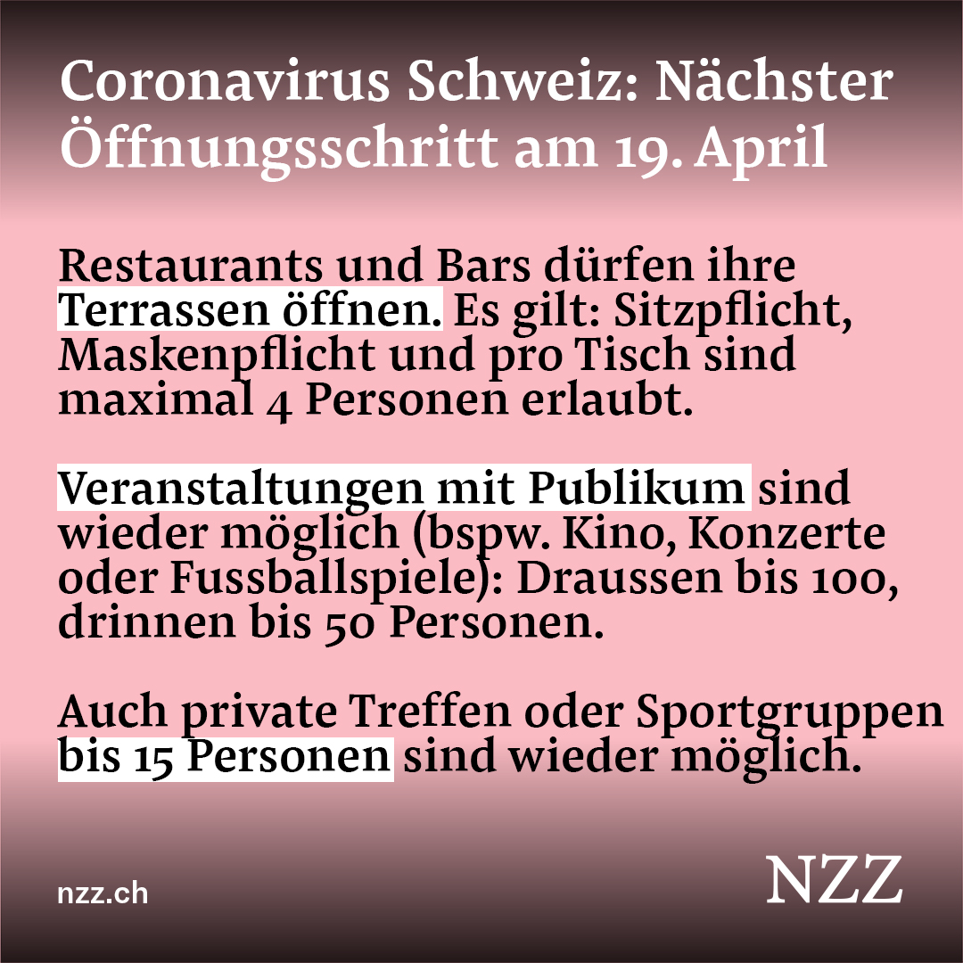 🇨🇭 In der #Schweiz kommt es am 19. April zu lang ersehnten #Lockerungen: Ab Montag sind wieder Veranstaltungen mit Publikum möglich und Restaurants können ihre #Terrassen wieder öffnen. 

Die Beschlüsse des Bundesrats im Überblick ➡ nzz.ch/ld.1542664