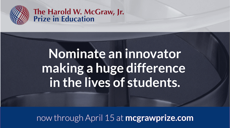 CatalystPennGSE's tweet photo. Last chance! The 2021 #McGrawPrize nomination period closes TOMORROW. Nominate an outstanding innovator making a difference in the lives of students.

Three winners will receive $50,000 each: https://t.co/a9M1G81RYa https://t.co/kzhOejv5ZF