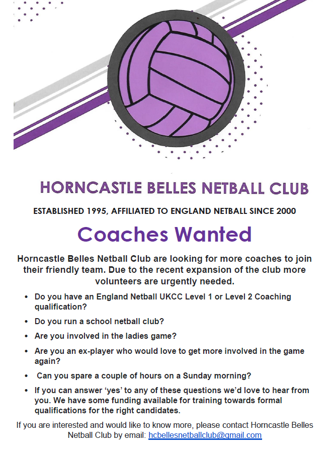 Coaches wanted! 
Horncastle Belles Netball Club are looking for more coaches to join their friendly team. Due to the recent expansion of the club more volunteers are urgently needed.
Please share so that this junior club can resume
<a href="/EnglandNetball/">England Netball</a>