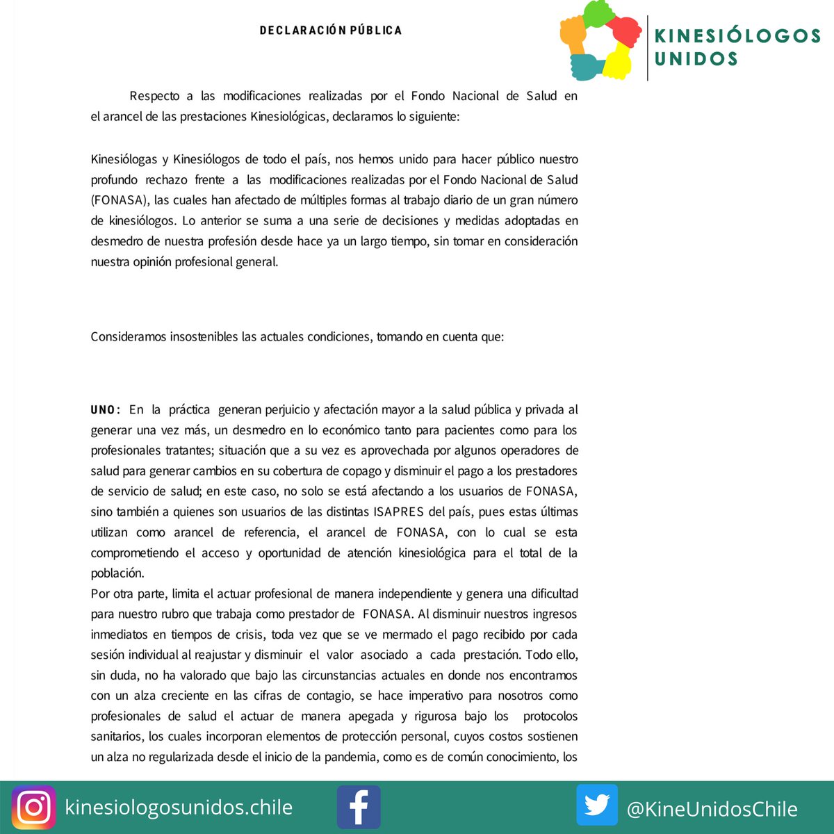 KineUnidosChile's tweet photo. Declaración pública ante las recientes modificaciones de FONASA en la codificación de bonos y sus respectivos aranceles

Comparte!

#KineunidosChile #colegiodekinesiologos #colkine #FONASA #Minsal #Chile https://t.co/CmiWBNv1Jg