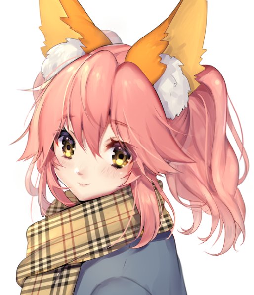 tamamo no mae (fate/extra) 1girl solo animal ears pink hair fox ears white background scarf  illustration images