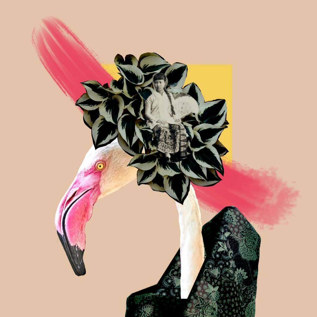 CultureInColour's tweet photo. How is everyone? This week’s collage challenge is the flamingo. 

The collar and the black hortas headdress are my pictures. 

The sitting lady is from @asianfashionarchive https://t.co/ibMYYofJO7 https://t.co/KU3uGPBITw