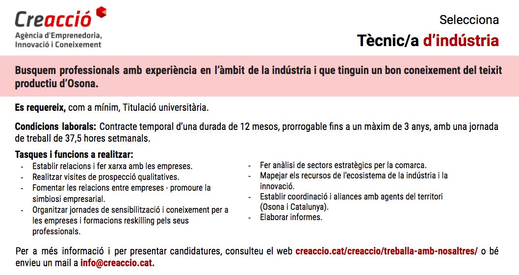 Creaccio's tweet photo. 📢OFERTA DE #FEINA
Busquem professionals amb experiència en l'àmbit de la #indústria i que tinguin un bon coneixement del teixit productiu d'#Osona. 

Més informació a: https://t.co/lDliPhjZjG https://t.co/Xu1qfCoqSX