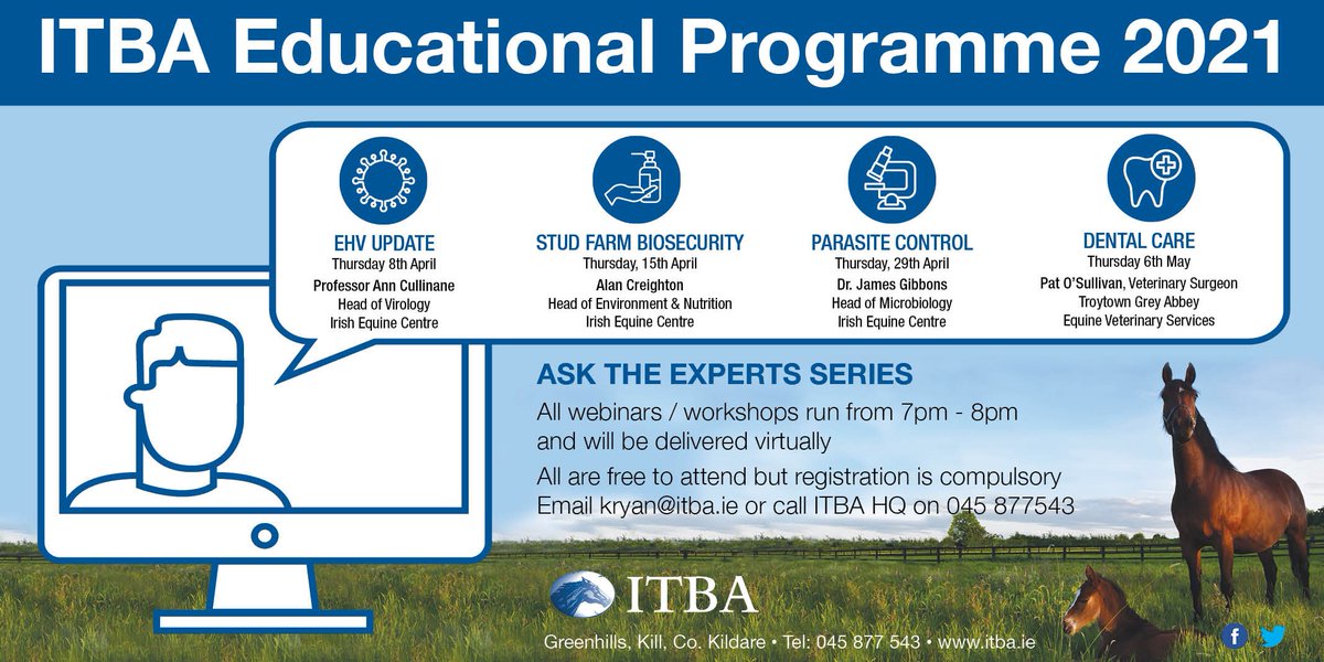 Registration CLOSED for tomorrow's Ask The Experts Series on Stud Farm Biosecurity. Limited space available for next 2 workshops. 
📌Parasite Control 
📌Equine Dental Care
 Register at kryan@itba.ie
#workingforirishbreeders #CVEcreditsavailable 
<a href="/IrelandEquine/">Irish Equine Centre</a>