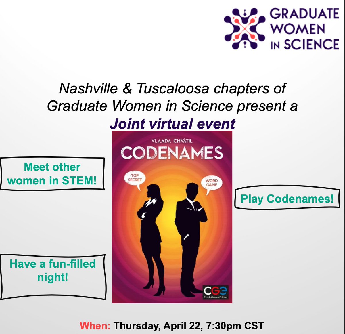 Nashville GWIS (@gwisnashville) on Twitter photo Next Thursday - We are SO excited to be co-hosting an event with <a href="/GWISTuscaloosa/">Graduate Women In Science Tuscaloosa Chapter</a> at 7:30pm - our first multi GWIS chapter event! We will play codenames, which is guaranteed fun. DM for Zoom link!! Next Thursday - We are SO excited to be co-hosting an event with <a href="/GWISTuscaloosa/">Graduate Women In Science Tuscaloosa Chapter</a> at 7:30pm - our first multi GWIS chapter event! We will play codenames, which is guaranteed fun. DM for Zoom link!!