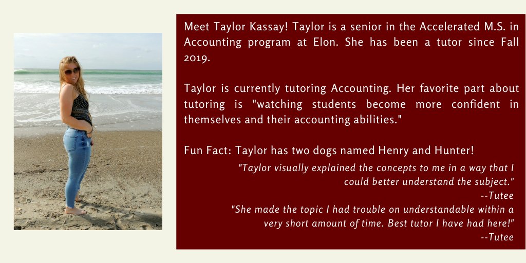 Meet Taylor Kassay! Taylor is a senior in the Accelerated M.S. in Accounting program at Elon. She currently tutors Accounting. Learn more about Taylor below. 👇#TutorSpotlight