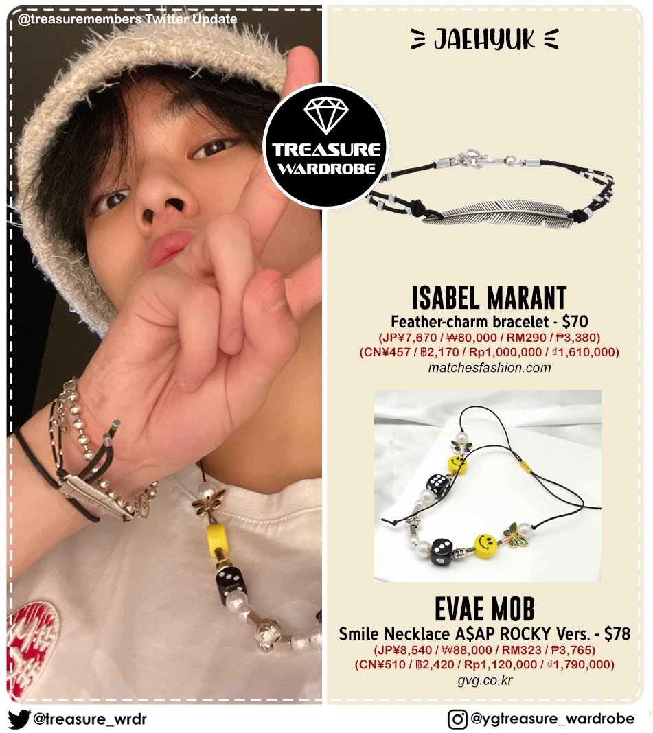 TREASURE_WRDR's tweet photo. #JAEHYUK Jewellery/Accessories
#SWAROVSKI (fan gift @/yjh_i23o)
1. Swarovski Power Collection Air Element Bracelet, Black, Stainless steel
2. Sommerset Earrings, White, Rhodium plated

3.#ISABELMARANT Feather-charm bracelet
4. #EVAEMOB Smile Necklace (fan gift @/yoonjaehyuk_cn) https://t.co/VLBDnGf4HA