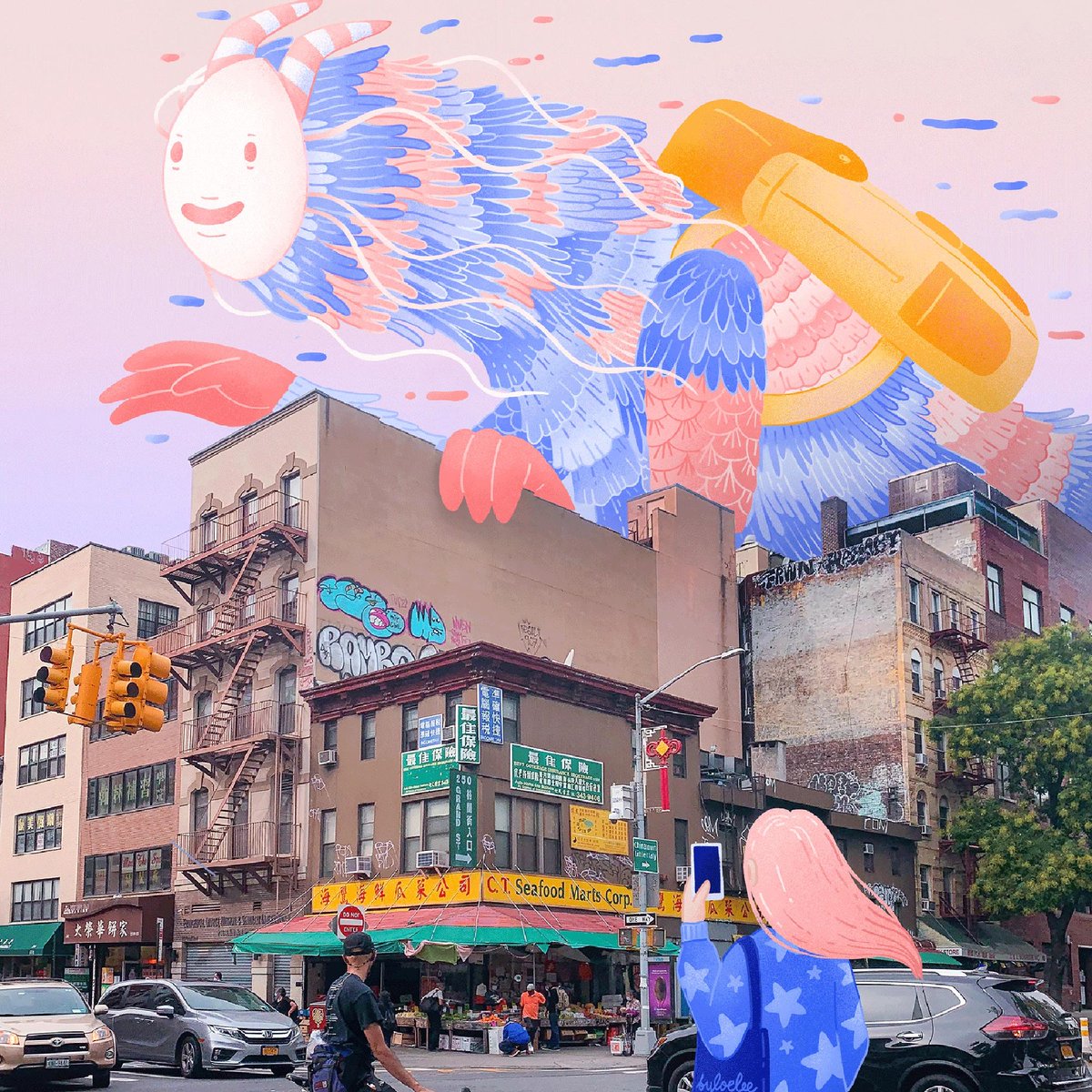 thisiscolossal's tweet photo. Creatures of Hope: Cheery illustrated monsters by Loe Lee strut through New York City streets https://t.co/96emuMV2Qp https://t.co/6JmIbKKvMk
